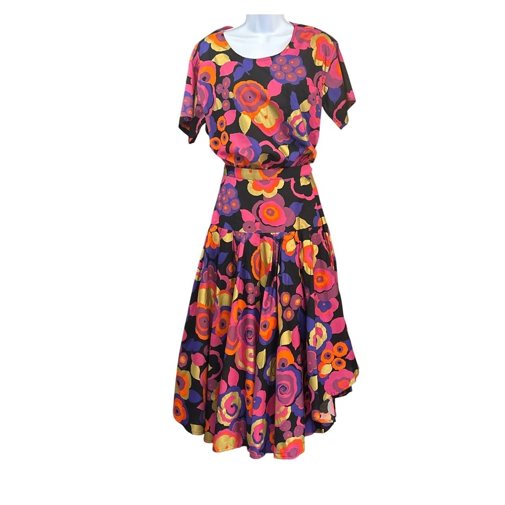 Vintage Jim Thompson Floral Cotton Skirt Set 80s Midi Resort Dopamine Dressing